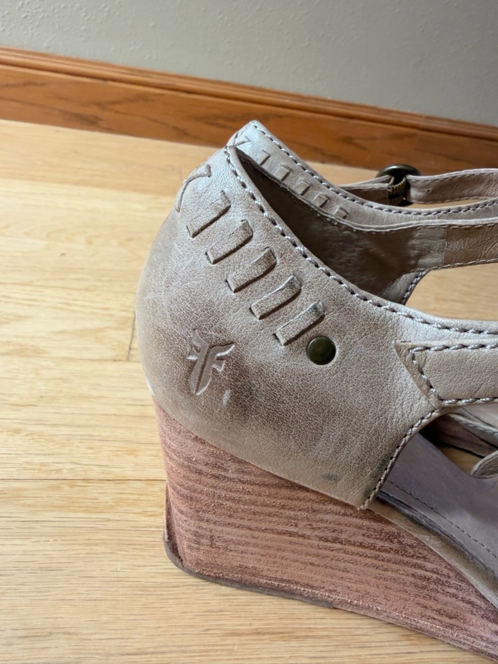 Frye Taupe Suede Wedge Sandals with Ankle Strap - Picture 2 of 7